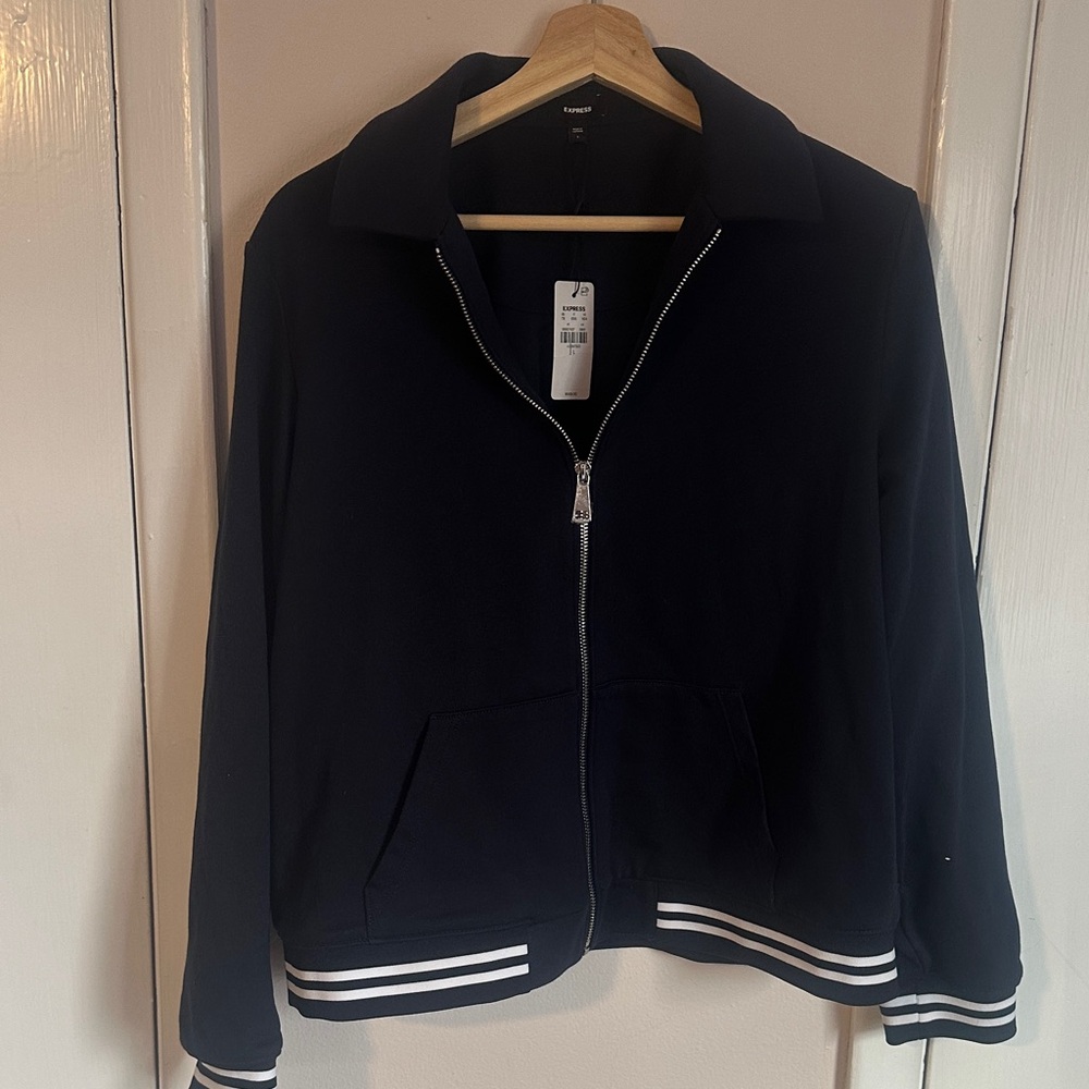 Navy Varsity Jacket with Striped Details